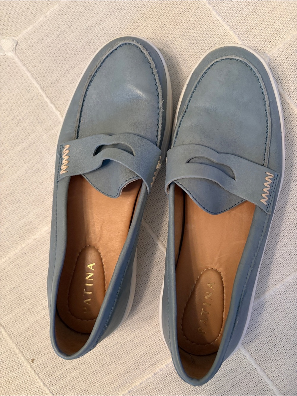 Patina Blue Leather Penny Loafers for Women
